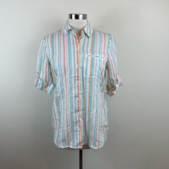 Foxcroft Orange Green White Stripe Button Down Blouse Shirt Top Women Size 6 - Picture 1 of 6